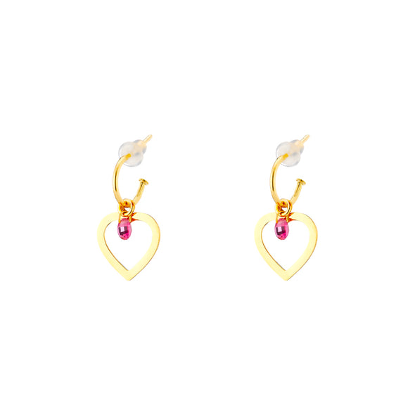 Cosmic silver gold plated hoop earrings with heart and fuchsia crystal 03L05-01071