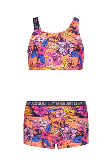 J302-5023 Girls aop bikini with sporty pants and branded elastic strap 525 - Wild flower