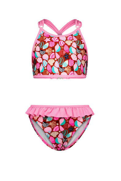 J302-5028 Girls aop bikini with braided backside and ruffle pants 575 - Ocean shells