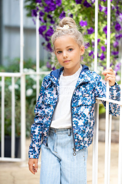Girls polyester jacket with flower print, hood and ruffle 023 Y202-5231